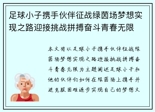足球小子携手伙伴征战绿茵场梦想实现之路迎接挑战拼搏奋斗青春无限
