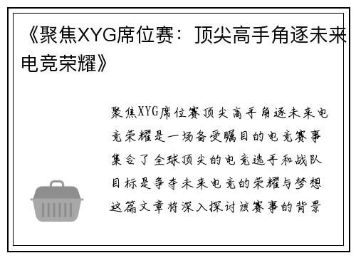 《聚焦XYG席位赛：顶尖高手角逐未来电竞荣耀》
