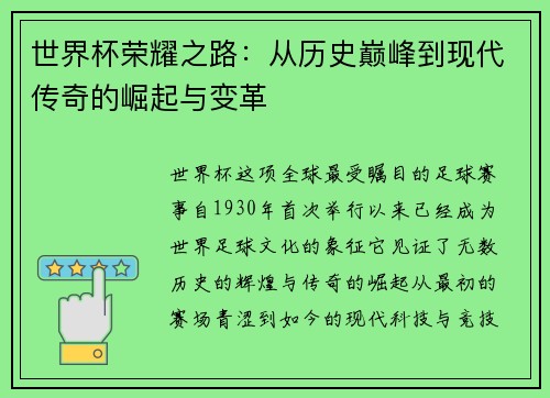 世界杯荣耀之路：从历史巅峰到现代传奇的崛起与变革